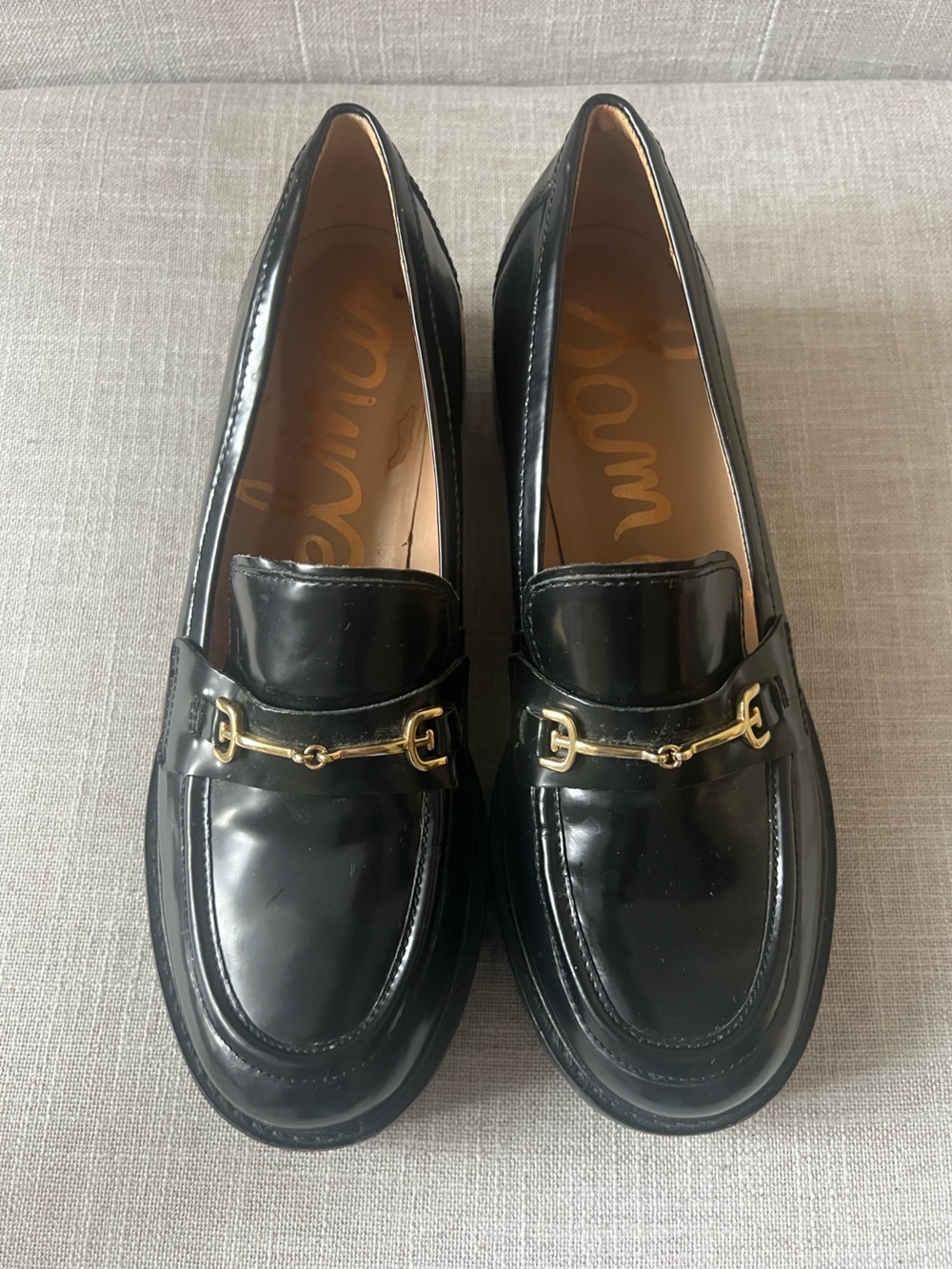 Sam Edelman Black patent loafers, size 7.5, lug sole, office casual chic luxury